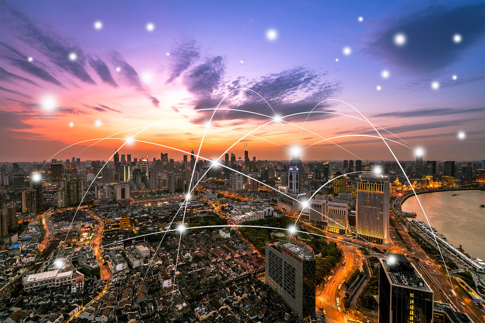 illustration of a network - buildings in a big city connected by lines