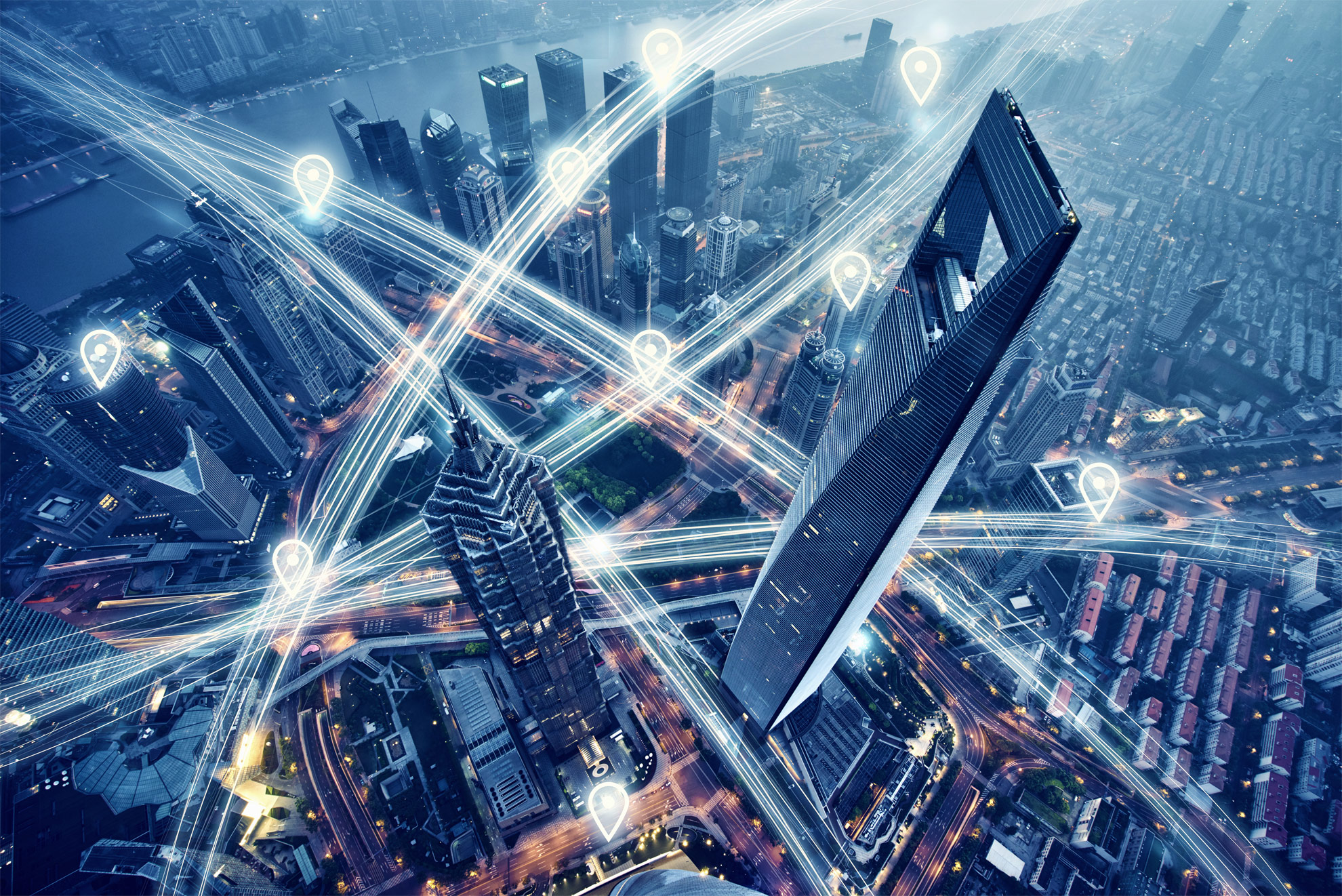 big city with lines drawing connecting different areas - illustration of a network