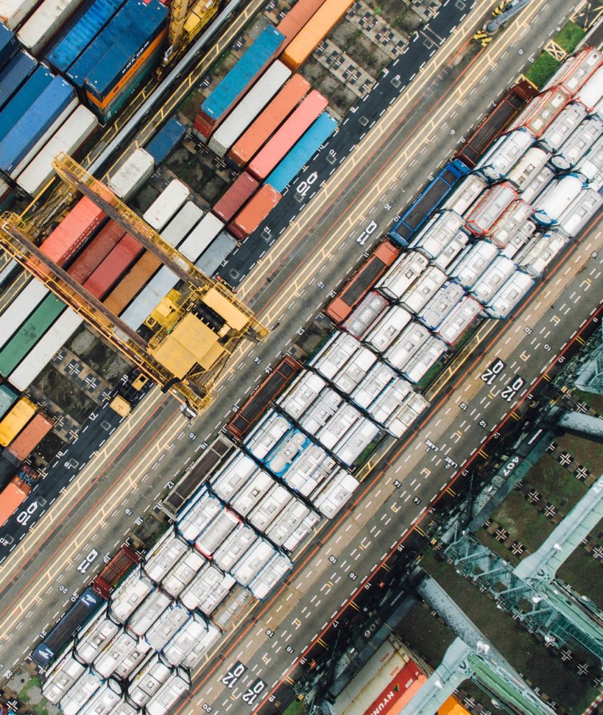 aerial view of a shipping container yard