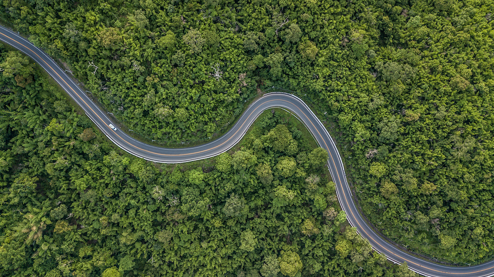 aerial view of forest road in thailand